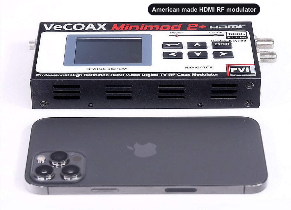 American made HDMI RF modulator compact dimensions 7.5 x 4.5 x 1.2 inches
