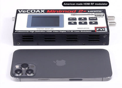 American made HDMI RF modulator compact dimensions 7.5 x 4.5 x 1.2 inches