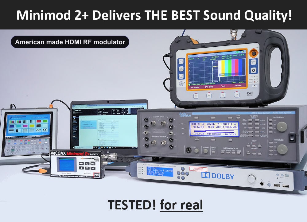 American made HDMI RF modulator broadcast-grade Dolby Digital AC-3 audio test results