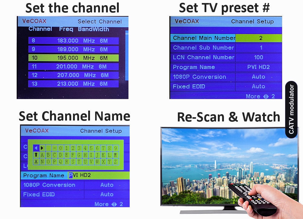 CATV modulator easy 3-step setup connect set channel scan and watch