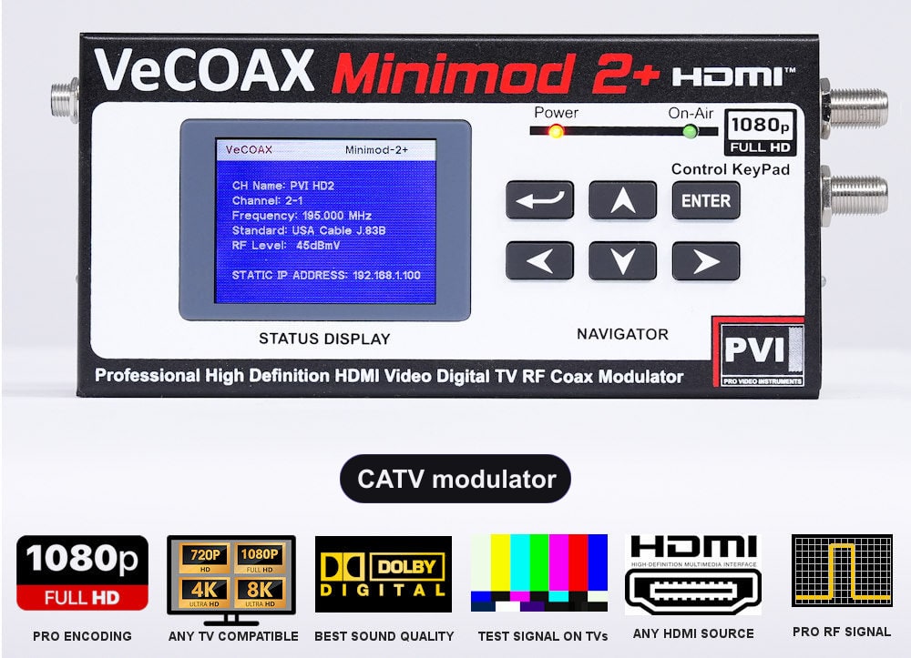 CATV modulator VeCOAX MINIMOD 2+ front panel with LCD channel display