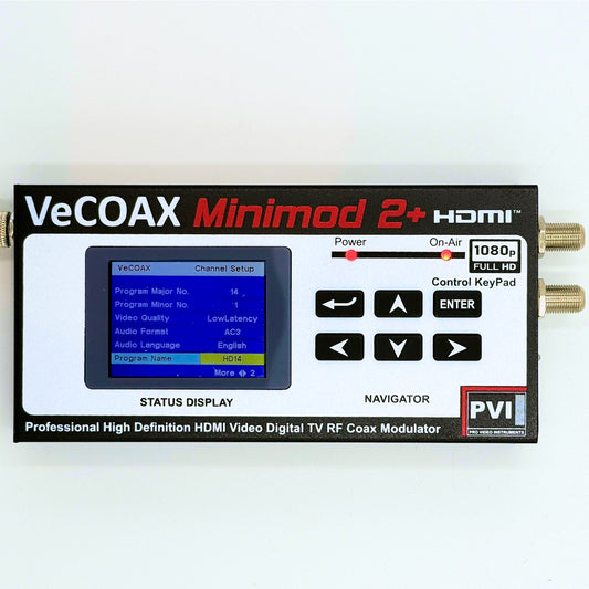 Channel modulator VeCOAX MINIMOD 2+ professional front panel with color LCD channel display front view