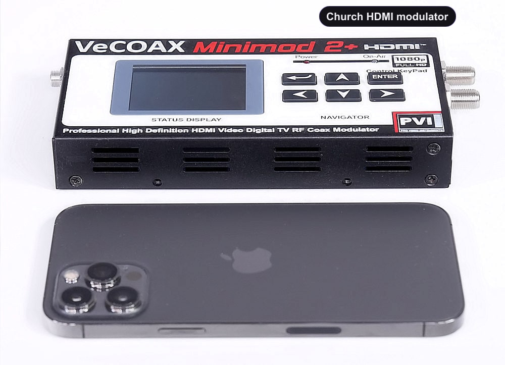Church HDMI modulator compact dimensions 7.5 x 4.5 x 1.2 inches