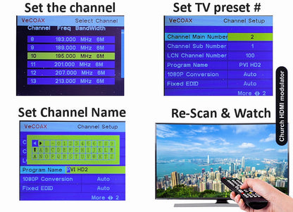 Church HDMI modulator easy 3-step setup connect set channel scan and watch