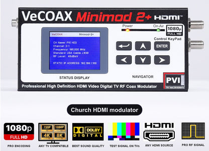 Church HDMI modulator VeCOAX MINIMOD 2+ front panel with LCD channel display