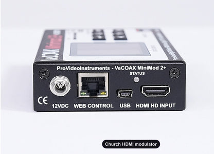 Church HDMI modulator rear panel HDMI input and Ethernet web control port