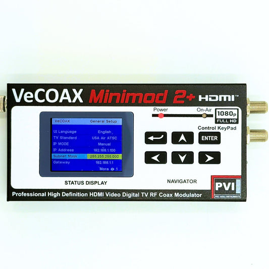 Church HDMI modulator VeCOAX MINIMOD 2+ professional front panel with color LCD channel display front view