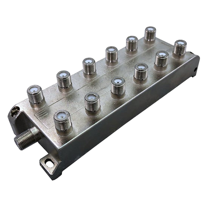 Coax combiner splitter 75 ohm F-type ports detail for HD 4K digital TV distribution