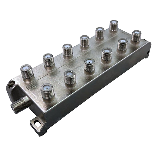 Coax combiner splitter 75 ohm F-type ports detail for HD 4K digital TV distribution