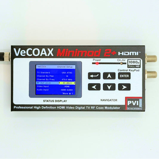 Coax modulator VeCOAX MINIMOD 2+ professional front panel with color LCD channel display front view