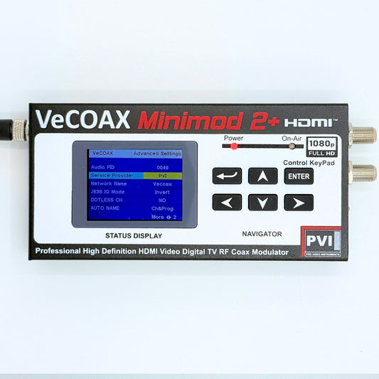 Digital TV modulator VeCOAX MINIMOD 2+ professional front panel with color LCD channel display front view