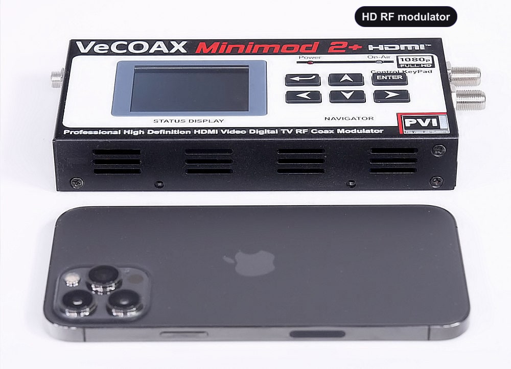 HD RF modulator compact dimensions 7.5 x 4.5 x 1.2 inches