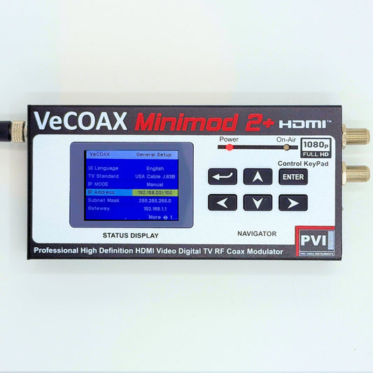 HD RF modulator VeCOAX MINIMOD 2+ professional front panel with color LCD channel display front view