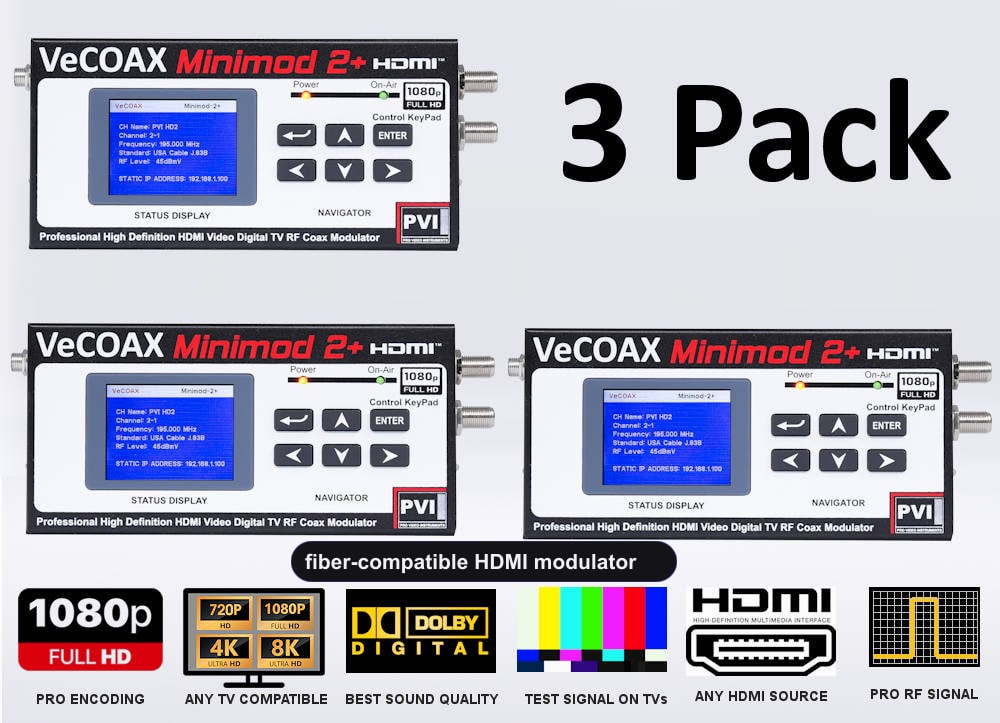 fiber-compatible HDMI modulator 3-pack bundle deal - three MINIMOD 2+ units