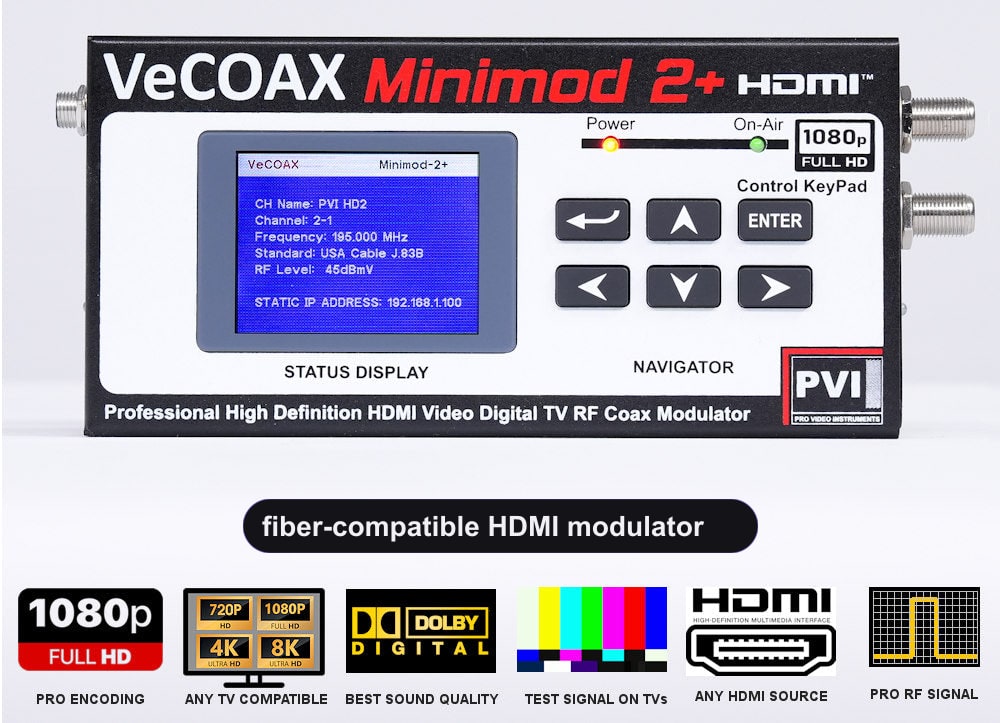 fiber-compatible HDMI modulator VeCOAX MINIMOD 2+ front panel with LCD channel display