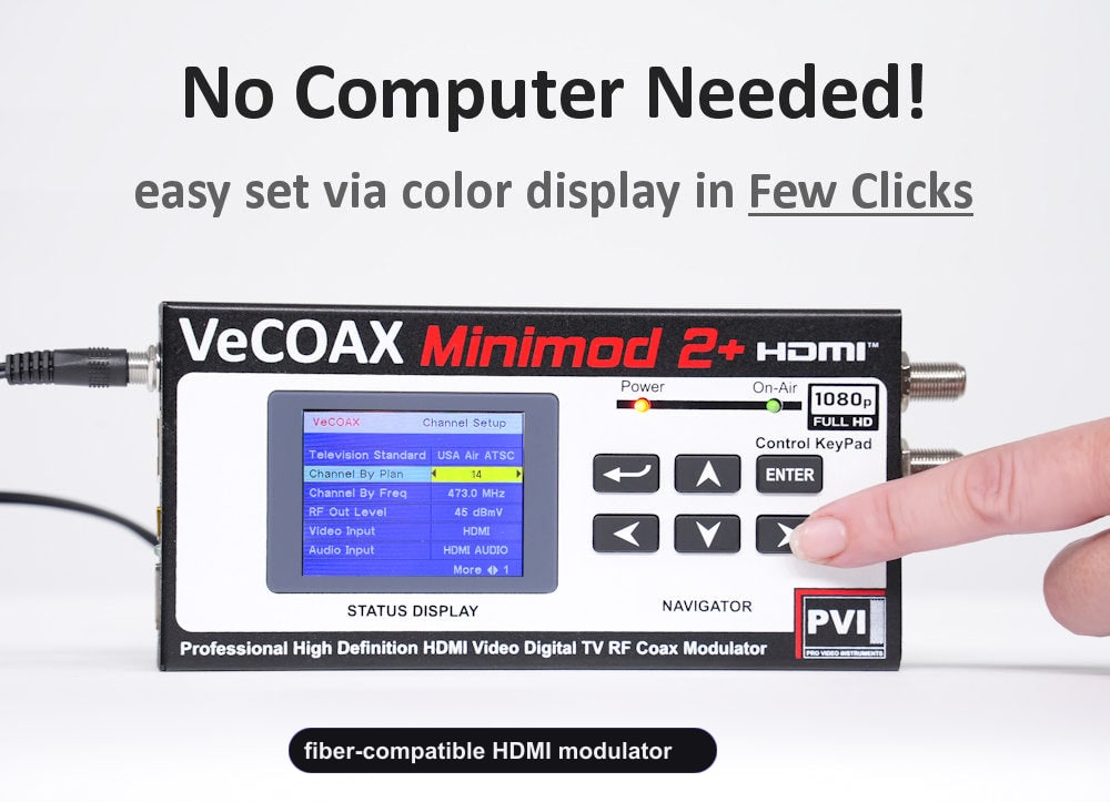 fiber-compatible HDMI modulator built-in LCD display for easy setup without computer