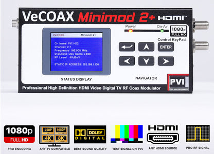 HDMI modulator VeCOAX MINIMOD 2+ front panel with LCD channel display