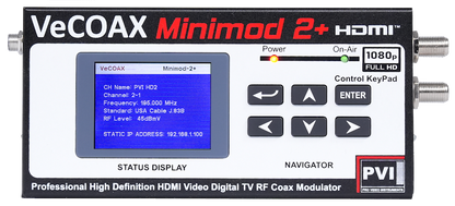 Professional HDMI RF modulator VeCOAX MINIMOD 2+ compact aluminum enclosure with color LCD status display — award-winning hdmi modulator made in USA