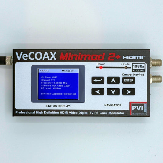 HDMI modulator VeCOAX MINIMOD 2+ professional front panel with color LCD channel display front view