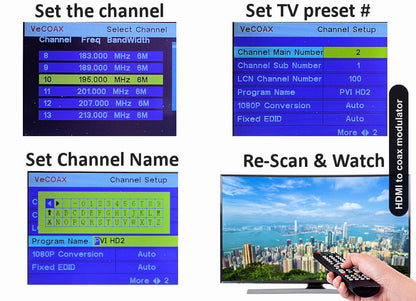 HDMI to coax modulator easy 3-step setup connect set channel scan and watch