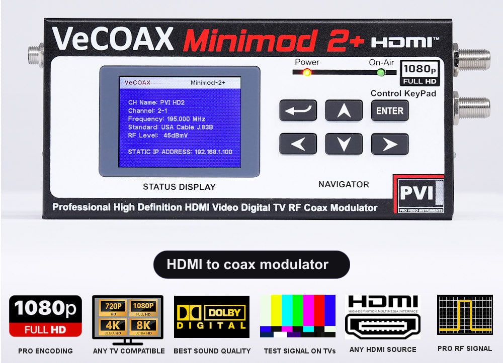 HDMI to coax modulator VeCOAX MINIMOD 2+ front panel with LCD channel display