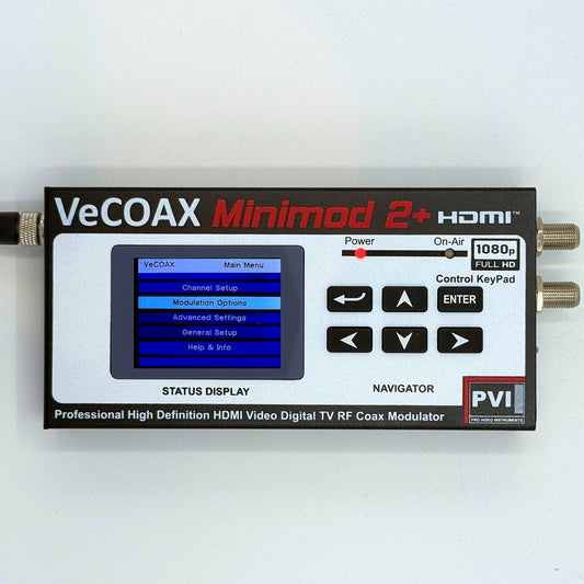 HDMI to coax modulator VeCOAX MINIMOD 2+ professional front panel with color LCD channel display front view