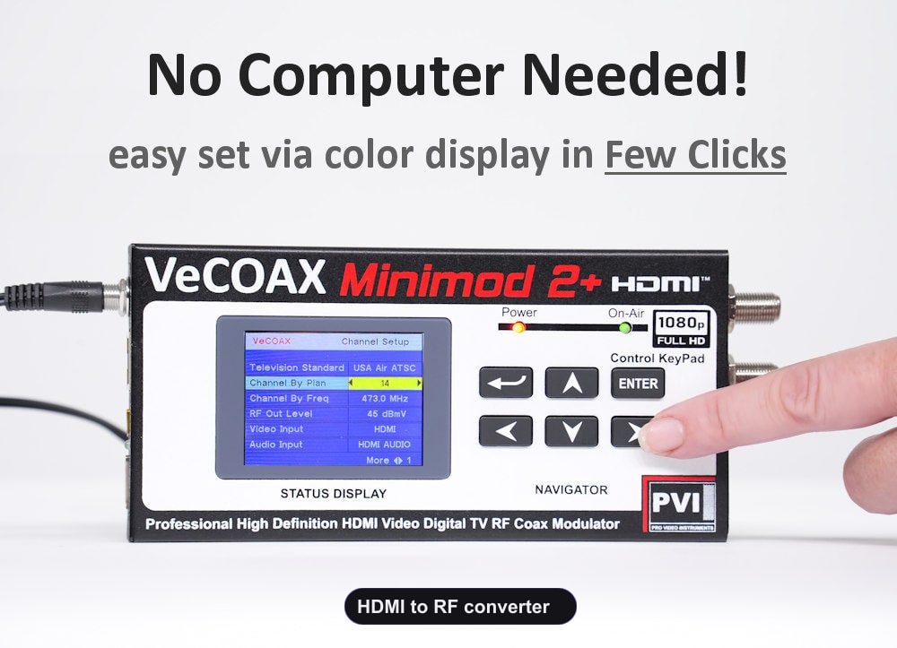 HDMI to RF converter built-in LCD display for easy setup without computer
