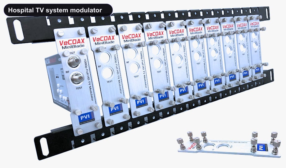 Hospital TV system modulator blade rack kit mount 10 or more units in single rack space