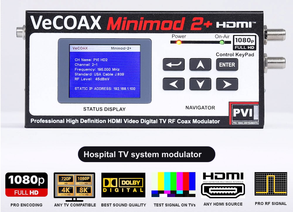 Hospital TV system modulator VeCOAX MINIMOD 2+ front panel with LCD channel display