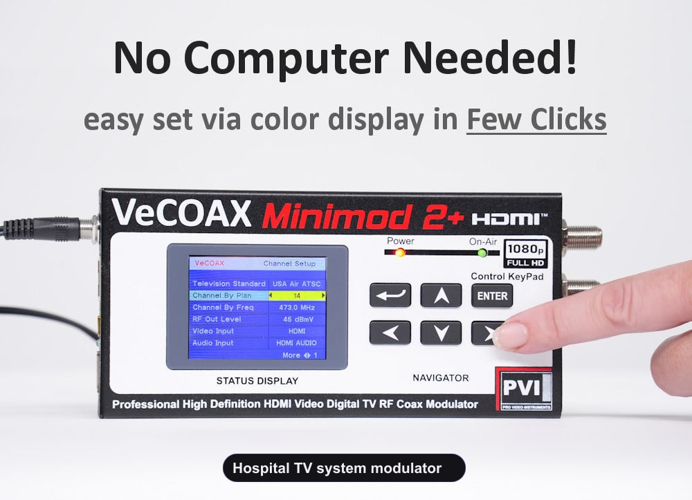 Hospital TV system modulator built-in LCD display for easy setup without computer