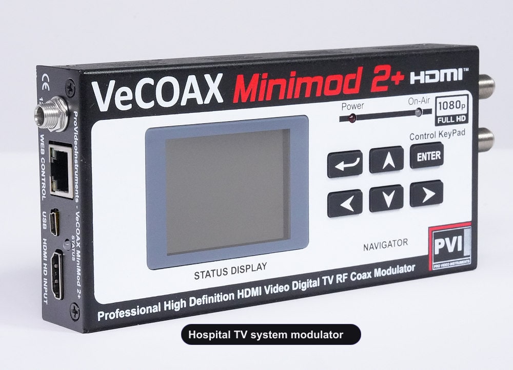 Hospital TV system modulator compact aluminum enclosure left side view