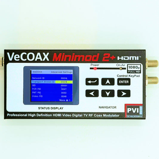 Hospital TV system modulator VeCOAX MINIMOD 2+ professional front panel with color LCD channel display front view