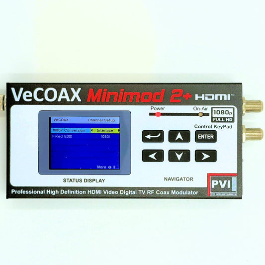 Hotel HDMI modulator VeCOAX MINIMOD 2+ professional front panel with color LCD channel display front view
