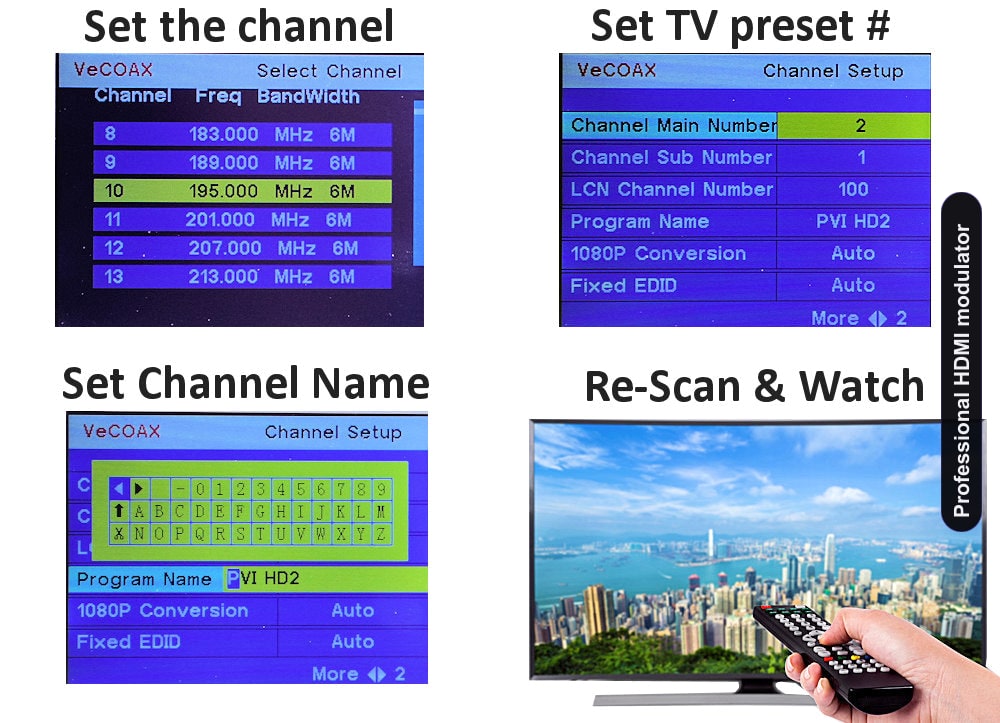 Professional HDMI modulator easy 3-step setup connect set channel scan and watch