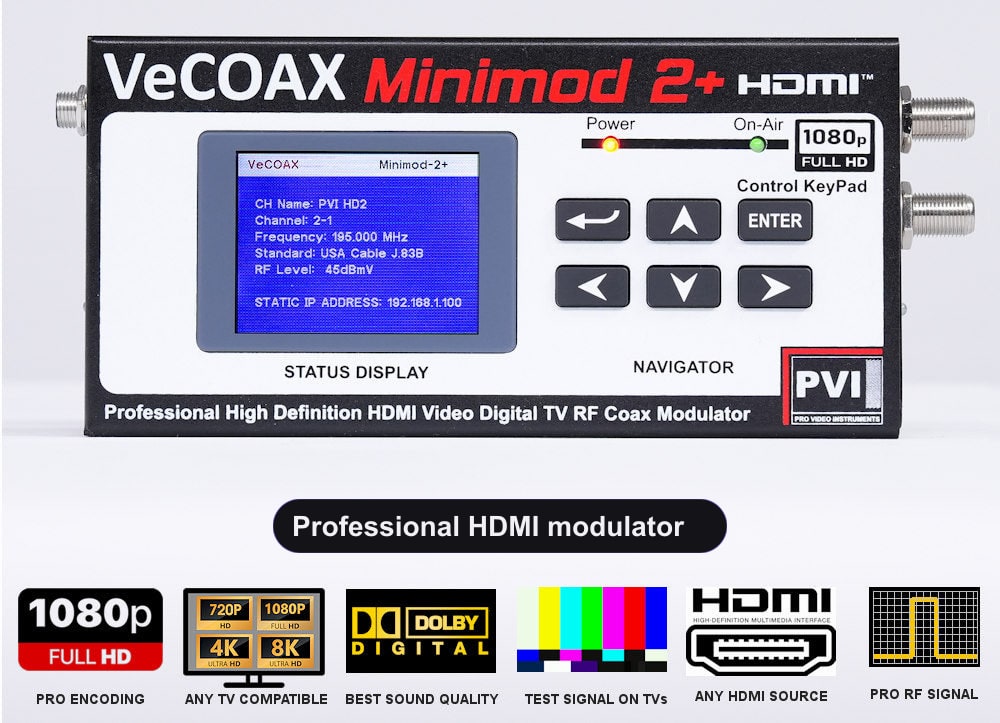 Professional HDMI modulator VeCOAX MINIMOD 2+ front panel with LCD channel display