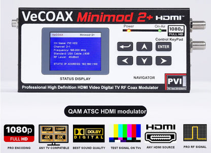 QAM ATSC HDMI modulator VeCOAX MINIMOD 2+ front panel with LCD channel display
