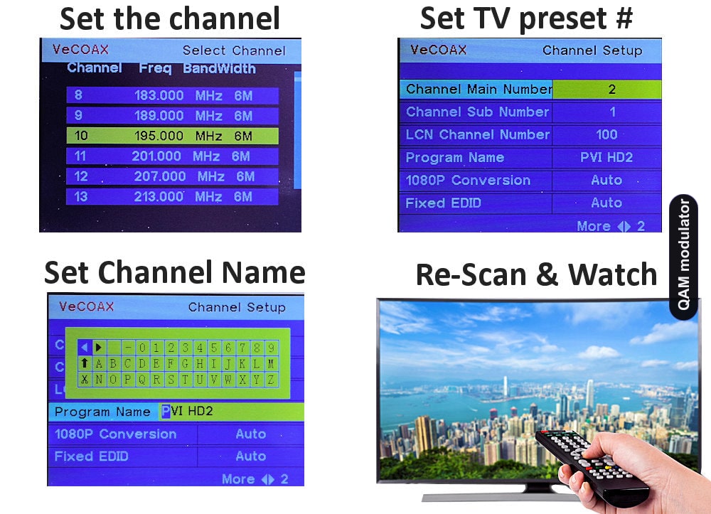 QAM modulator easy 3-step setup connect set channel scan and watch