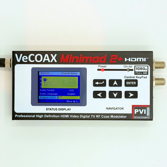 QAM modulator VeCOAX MINIMOD 2+ professional front panel with color LCD channel display front view