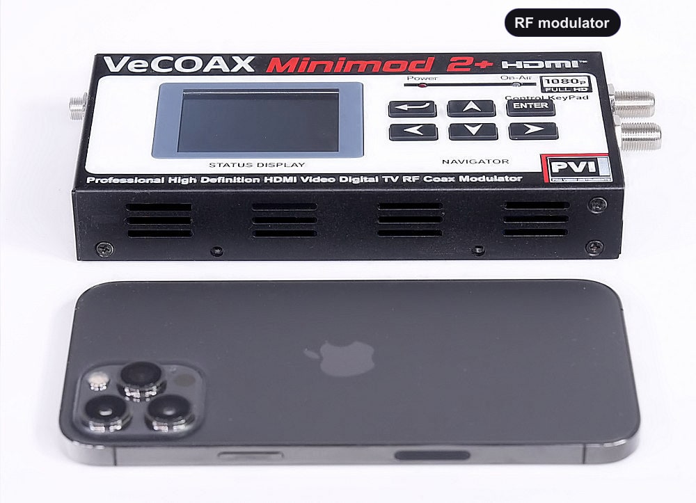 RF modulator compact dimensions 7.5 x 4.5 x 1.2 inches