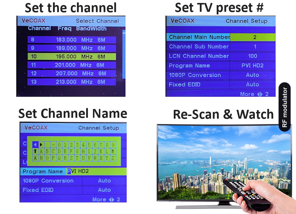 RF modulator easy 3-step setup connect set channel scan and watch