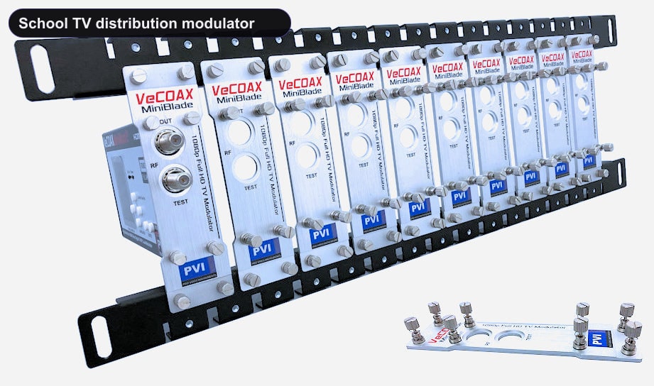 School TV distribution modulator blade rack kit mount 10 or more units in single rack space