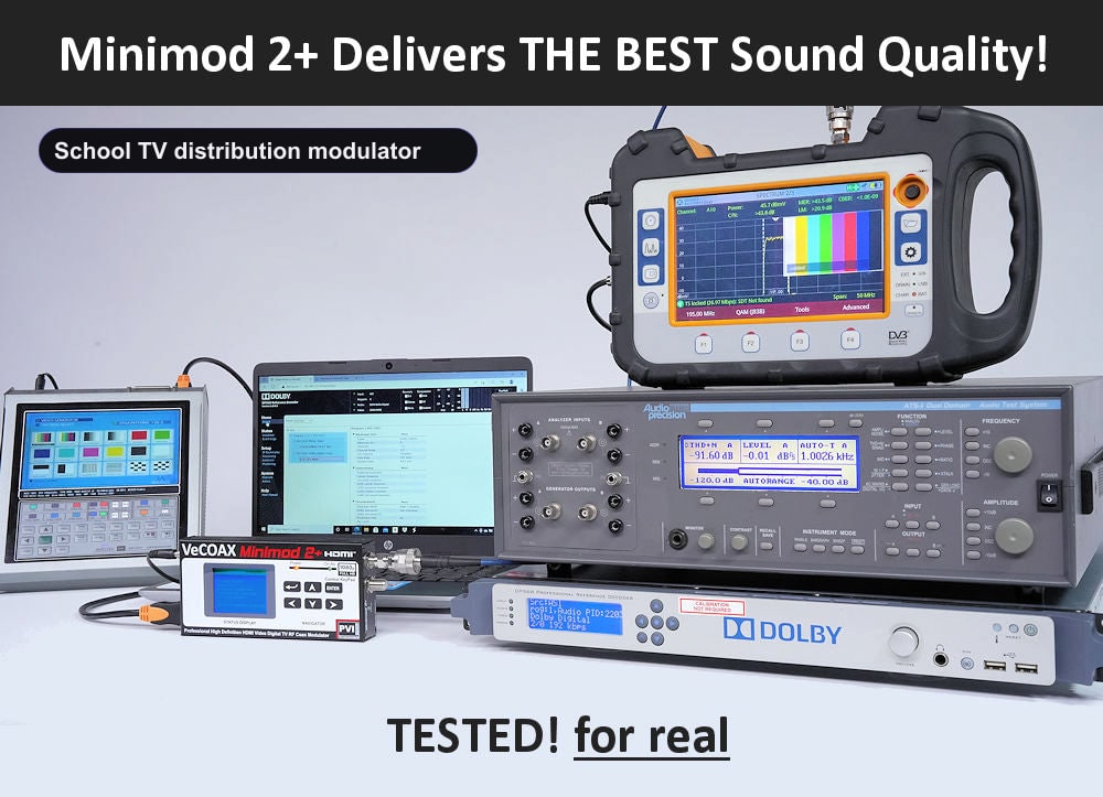 School TV distribution modulator broadcast-grade Dolby Digital AC-3 audio test results
