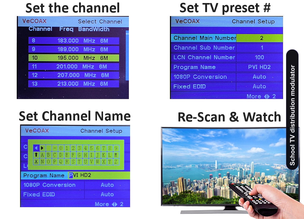 School TV distribution modulator easy 3-step setup connect set channel scan and watch