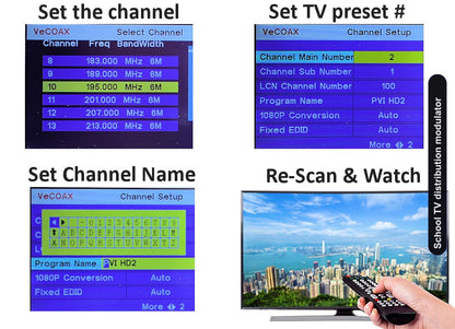 School TV distribution modulator easy 3-step setup connect set channel scan and watch