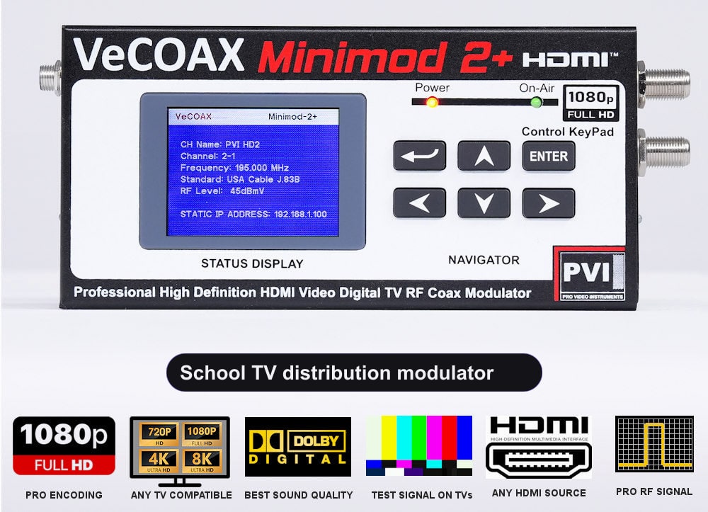 School TV distribution modulator VeCOAX MINIMOD 2+ front panel with LCD channel display