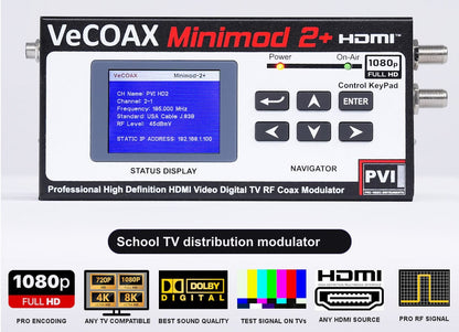 School TV distribution modulator VeCOAX MINIMOD 2+ front panel with LCD channel display