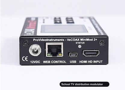 School TV distribution modulator rear panel HDMI input and Ethernet web control port