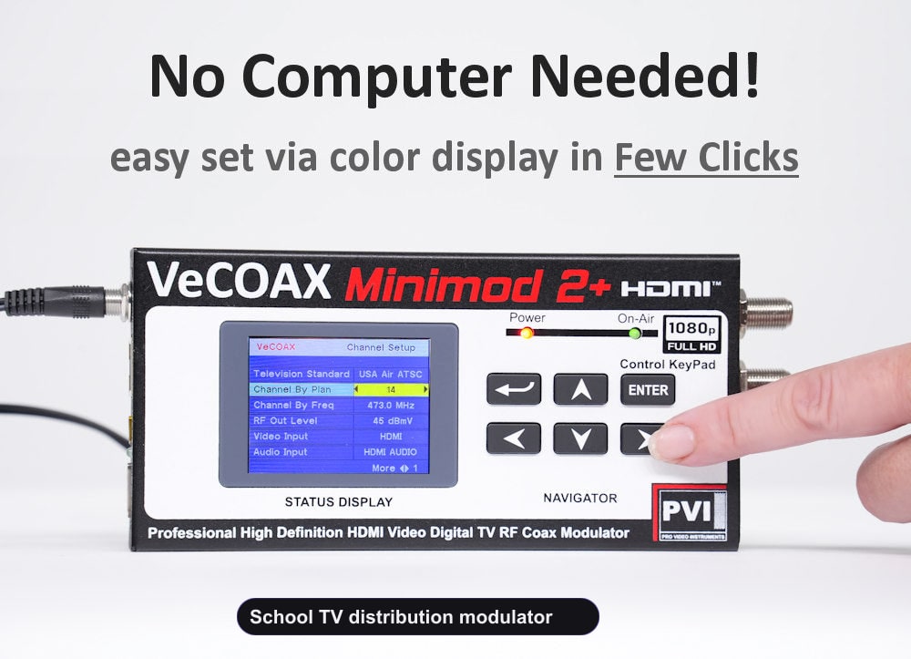 School TV distribution modulator built-in LCD display for easy setup without computer