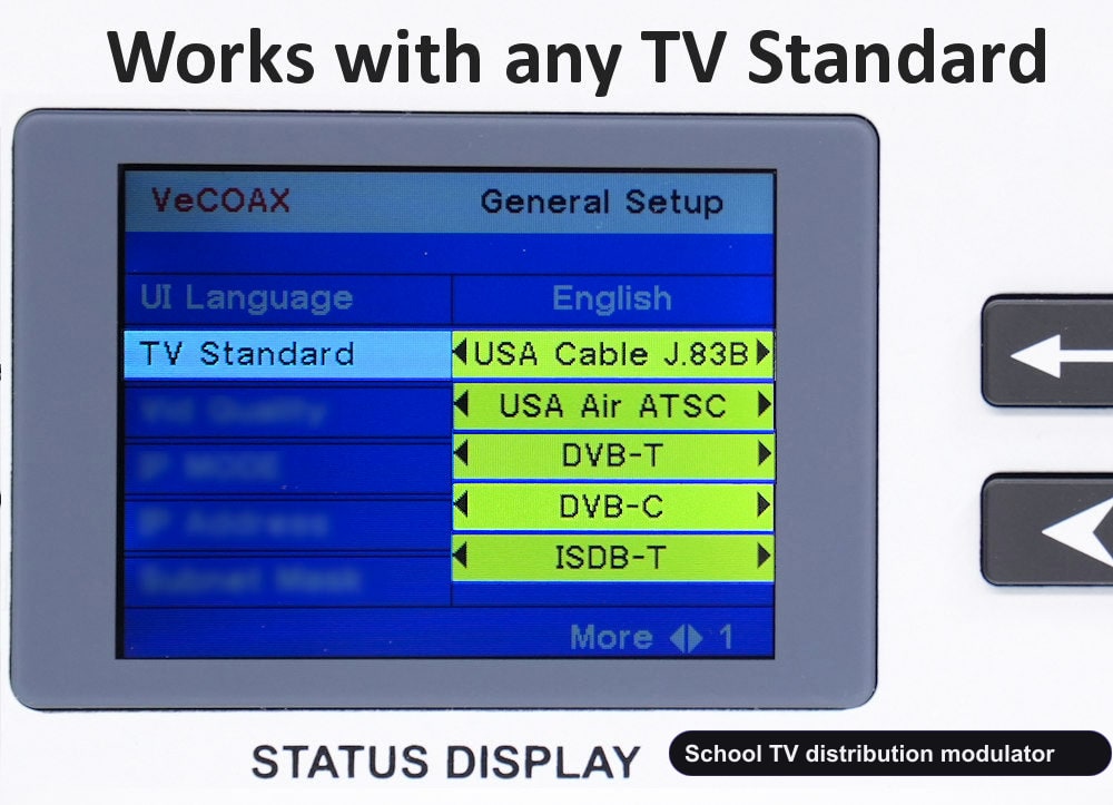 School TV distribution modulator universal TV standards QAM ATSC DVB-T DVB-C ISDB-T