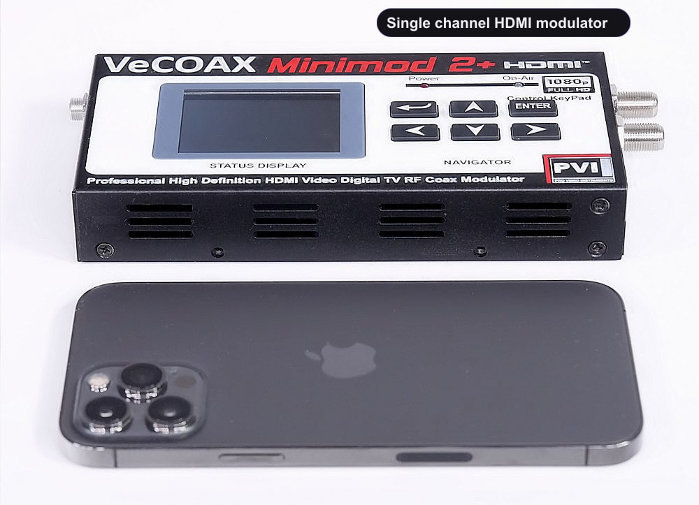 Single channel HDMI modulator compact dimensions 7.5 x 4.5 x 1.2 inches